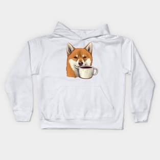 Shiba Inu dog with coffee Kids Hoodie